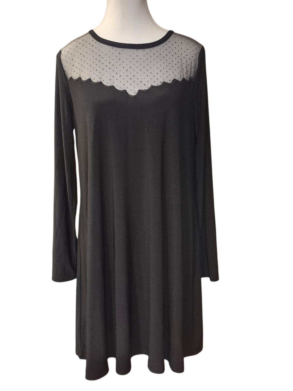 CeCe Black Long-Sleeve Midi Dress with Sheer Polka-Dot Yoke
